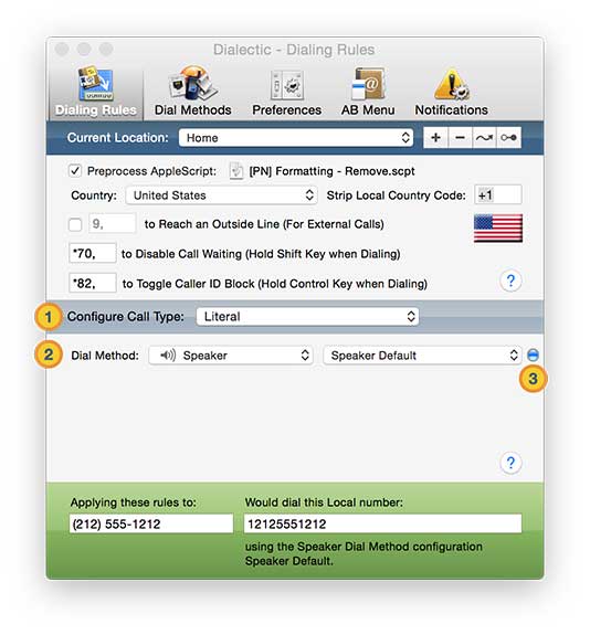 Dialing Rules call types literal call settings annotated