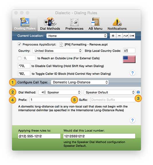 Dialing Rules call types domestic long-distance call settings annotated