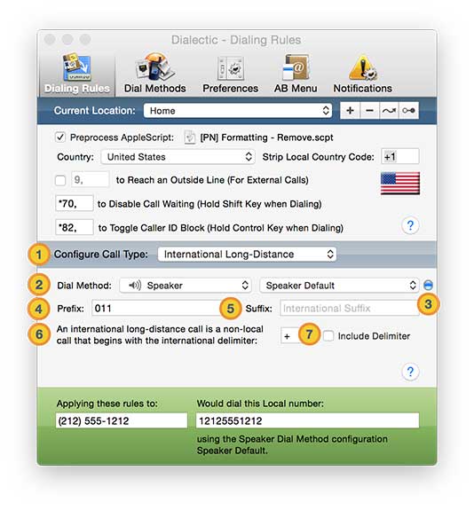Dialing Rules call types international long-distance call settings annotated